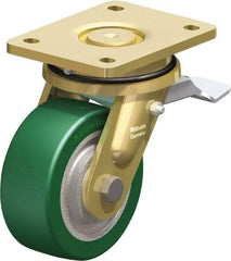 Blickle - 5" Diam x 1-31/32" Wide x 6-11/16" OAH Top Plate Mount Swivel Caster with Brake - Polyurethane-Elastomer Blickle Softhane, 990 Lb Capacity, Ball Bearing, 5-1/2 x 4-3/8" Plate - Americas Industrial Supply