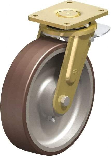 Blickle - 12" Diam x 3-9/64" Wide x 13-31/32" OAH Top Plate Mount Swivel Caster with Brake - Polyurethane-Elastomer Blickle Besthane, 5,280 Lb Capacity, Ball Bearing, 6-7/8 x 5-1/2" Plate - Americas Industrial Supply