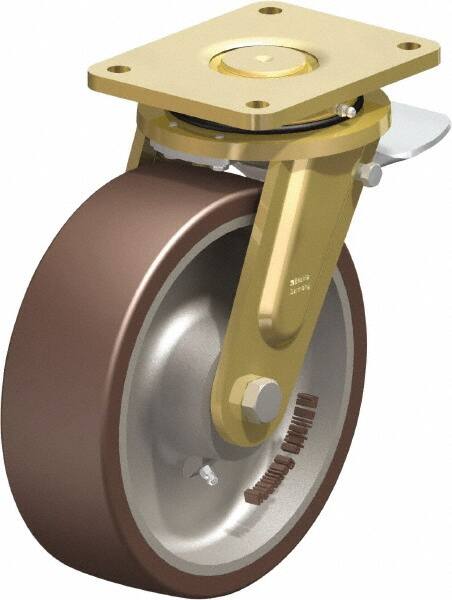 Blickle - 10" Diam x 3-9/64" Wide x 12" OAH Top Plate Mount Swivel Caster with Brake - Polyurethane-Elastomer Blickle Besthane, 3,960 Lb Capacity, Ball Bearing, 6-7/8 x 5-1/2" Plate - Americas Industrial Supply