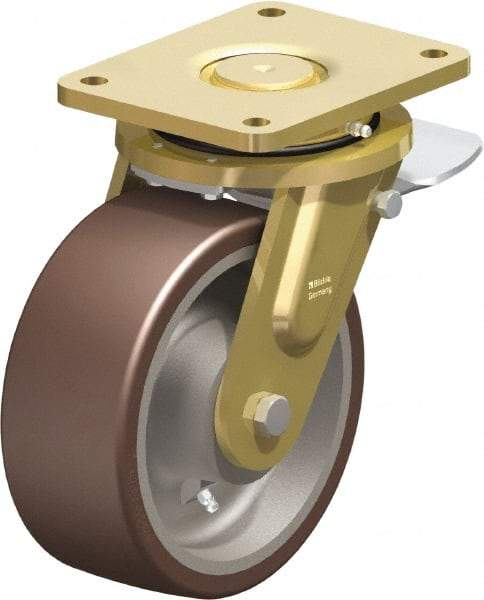 Blickle - 8" Diam x 3-9/64" Wide x 10-1/32" OAH Top Plate Mount Swivel Caster with Brake - Polyurethane-Elastomer Blickle Besthane, 3,520 Lb Capacity, Ball Bearing, 6-7/8 x 5-1/2" Plate - Americas Industrial Supply