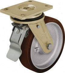Blickle - 10" Diam x 2-23/64" Wide x 12" OAH Top Plate Mount Swivel Caster with Brake - Polyurethane-Elastomer Blickle Besthane, 3,300 Lb Capacity, Ball Bearing, 6-7/8 x 5-1/2" Plate - Americas Industrial Supply