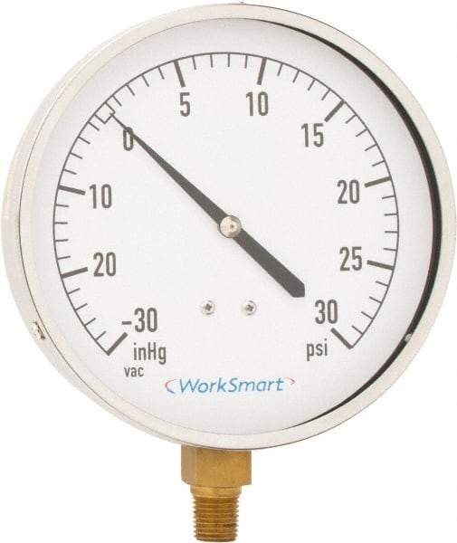 Value Collection - 4-1/2" Dial, 1/4 Thread, 30-0-30 Scale Range, Pressure Gauge - Lower Connection Mount, Accurate to 0.01% of Scale - Americas Industrial Supply