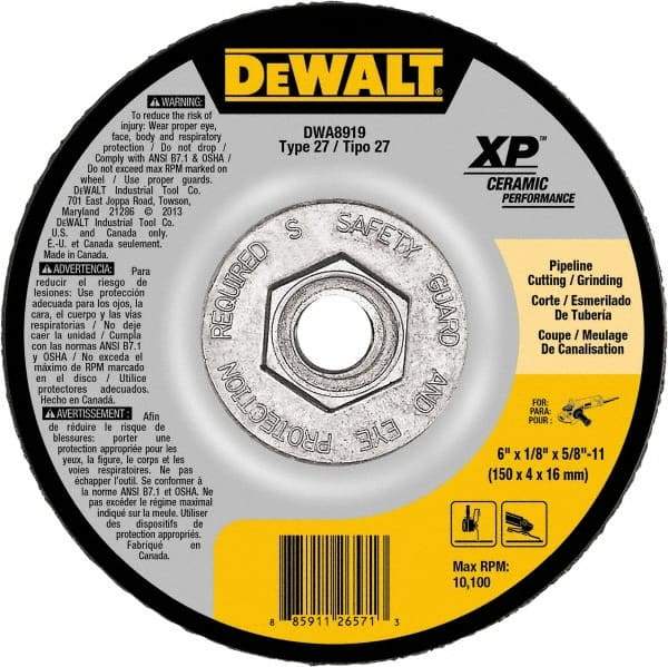 DeWALT - 24 Grit, 6" Wheel Diam, Type 27 Depressed Center Wheel - Coarse/Medium Grade, Ceramic, N Hardness, 10,100 Max RPM - Americas Industrial Supply
