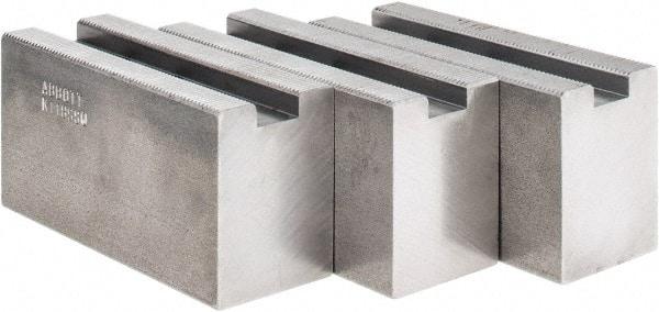 Abbott Workholding Products - 1.5mm x 60° Serrated Attachment, Square Soft Lathe Chuck Jaw - 3 Jaws, Steel, 63/64" Btw Mount Hole Ctrs, 4" Long x 1-1/2" Wide x 2" High, 0.5512" Groove, 0.4724" & 12mm Fastener - Americas Industrial Supply