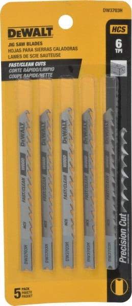 DeWALT - 4" Long, 6 Teeth per Inch, High Carbon Steel Jig Saw Blade - Toothed Edge, 1/4" Wide x 0.06" Thick, U-Shank - Americas Industrial Supply