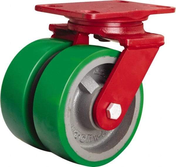 Hamilton - 6" Diam x 2" Wide x 7-3/4" OAH Top Plate Mount Swivel Caster - Polyurethane Mold onto Cast Iron Center, 2,400 Lb Capacity, Tapered Roller Bearing, 4-1/2 x 6-1/2" Plate - Americas Industrial Supply