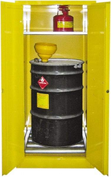 Securall Cabinets - 31" Wide x 31" Deep x 65" High, 18 Gauge Steel Vertical Drum Cabinet with 3 Point Key Lock - Yellow, Manual Closing Door, 1 Shelf, 1 Drum, Drum Rollers Included - Americas Industrial Supply