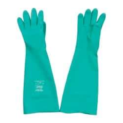 SHOWA - Size M (8), 19" Long, 22 mil Thick, Nitrile Chemical Resistant Gloves - Textured Finish, Slip-On Cuff, ANSI Abrasion Level 4, ANSI Cut Level 0, ANSI Puncture Level 1, Green, FDA Approved - Americas Industrial Supply