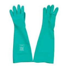 SHOWA - Size M (8), 19" Long, 22 mil Thick, Nitrile Chemical Resistant Gloves - Textured Finish, Slip-On Cuff, ANSI Abrasion Level 4, ANSI Cut Level 0, ANSI Puncture Level 1, Green, FDA Approved - Americas Industrial Supply