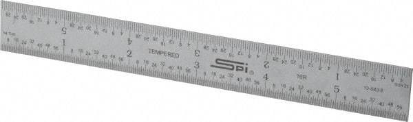 SPI - 6" Long, 1/100, 1/64, 1/50, 1/32" Graduation, Rigid Steel Rule - 16R Graduation Style, 3/4" Wide, Silver, Satin Chrome Finish - Americas Industrial Supply
