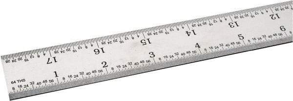 SPI - 18" Long, 1/100, 1/64, 1/32, 1/10" Graduation, Rigid Steel Rule - 5R Graduation Style, 1-1/8" Wide, Silver, Satin Chrome Finish - Americas Industrial Supply