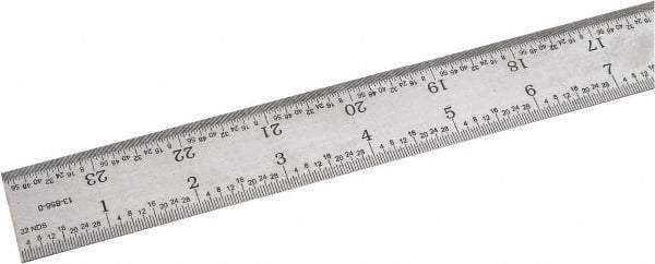 SPI - 24" Long, 1/64, 1/32, 1/16, 1/8" Graduation, Rigid Steel Rule - 4R Graduation Style, 1-1/8" Wide, Silver, Satin Chrome Finish - Americas Industrial Supply
