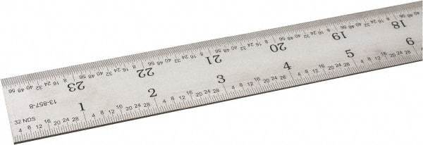 SPI - 24" Long, 1/100, 1/64, 1/32, 1/10" Graduation, Rigid Steel Rule - 5R Graduation Style, 1-1/8" Wide, Silver, Satin Chrome Finish - Americas Industrial Supply