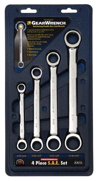 GearWrench - 4 Piece, 5/16" x 3/8" to 11/16" x 3/4", Ratcheting Box Wrench Set - Inch Measurement Standard, Chrome Finish, Comes in Display Card - Americas Industrial Supply