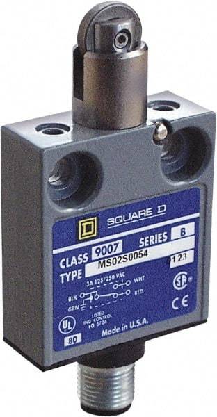Square D - SPDT, NC/NO, Multiple VAC Levels, 4 Pin DC Micro Connector Terminal, Parallel Roller Plunger Actuator, General Purpose Limit Switch - 1, 2, 4, 6, 6P NEMA Rating, IP67 IPR Rating, 80 Ounce Operating Force - Americas Industrial Supply
