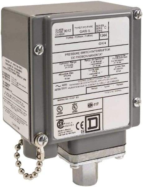 Square D - 4, 13 and 4X NEMA Rated, SPDT, 20 to 675 psi, Electromechanical Pressure and Level Switch - Adjustable Pressure, 120 VAC at 6 Amp, 240 VAC at 3 Amp, 250 VDC at 0.27 Amp, 1/4 Inch Connector, Screw Terminal, For Use with 9012G - Americas Industrial Supply