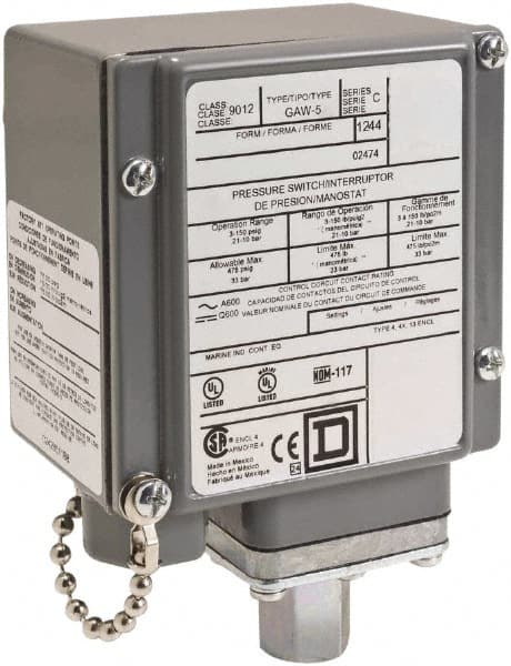 Square D - 4, 13 and 4X NEMA Rated, SPDT, 90 to 2,900 psi, Electromechanical Pressure and Level Switch - Exact Industrial Supply