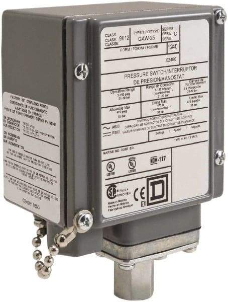 Square D - 4, 13 and 4X NEMA Rated, DPDT, 90 to 2,900 psi, Electromechanical Pressure and Level Switch - Fixed Pressure, 120 VAC at 6 Amp, 125 VDC at 0.22 Amp, 240 VAC at 3 Amp, 250 VDC at 0.27 Amp, 1/4 Inch Connector, Screw Terminal, For Use with 9012G - Americas Industrial Supply