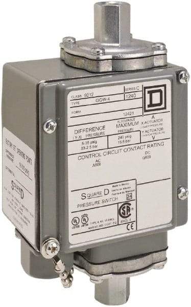 Square D - 4, 13 and 4X NEMA Rated, SPDT, 175 psi, Electromechanical Pressure and Level Switch - Adjustable Pressure, 120 VAC at 6 Amp, 240 VAC at 3 Amp, 250 VDC at 0.27 Amp, 1/4 Inch Connector, Screw Terminal, For Use with 9012G - Americas Industrial Supply