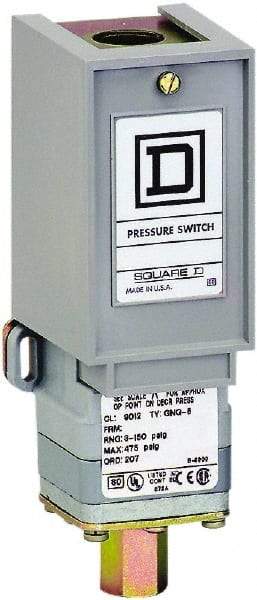 Square D - 1 NEMA Rated, SPDT, 3 to 150 psi, Electromechanical Pressure and Level Switch - Adjustable Pressure, 120 VAC at 6 Amp, 125 VDC at 0.22 Amp, 240 VAC at 3 Amp, 250 VDC at 0.27 Amp, 1/2 Inch Connector, Screw Terminal, For Use with 9012G - Americas Industrial Supply