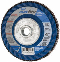 Norton - 80 Grit, 4-1/2" Disc Diam, 5/8-11 Center Hole, Type 27 Zirconia Alumina Flap Disc - 13,300 Max RPM, Fiberglass Backing, Arbor Attaching System, Coated - Americas Industrial Supply