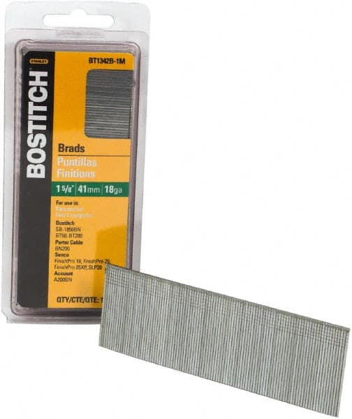 Stanley Bostitch - 18 Gauge 0.05" Shank Diam 1-5/8" Long Brad Nails for Power Nailers - Steel, Bright Finish, Ring Shank, Straight Stick Adhesive Collation, Brad Head, Chisel Point - Americas Industrial Supply