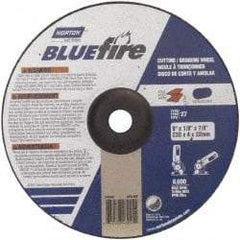 Norton - 30 Grit, 9" Wheel Diam, 1/8" Wheel Thickness, 7/8" Arbor Hole, Type 27 Depressed Center Wheel - Zirconia Alumina, U Hardness, 6,000 Max RPM, Compatible with Angle Grinder - Americas Industrial Supply