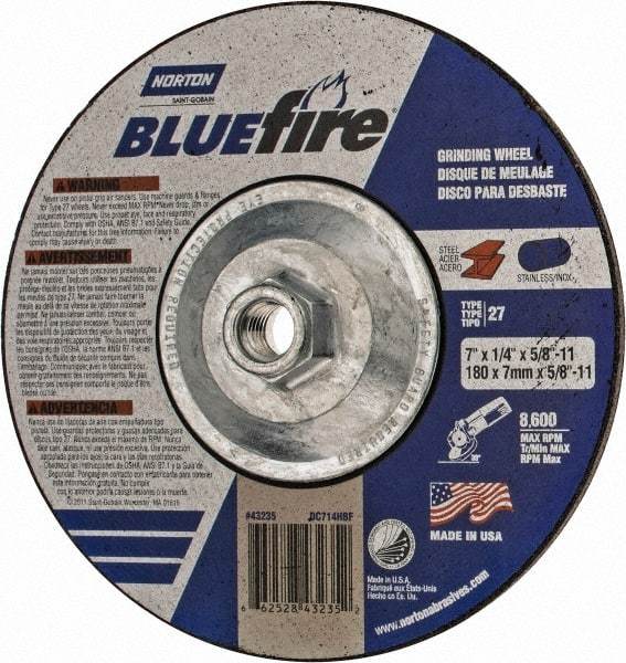 Norton - 24 Grit, 7" Wheel Diam, 1/4" Wheel Thickness, Type 27 Depressed Center Wheel - Zirconia Alumina, S Hardness, 8,600 Max RPM, Compatible with Angle Grinder - Americas Industrial Supply