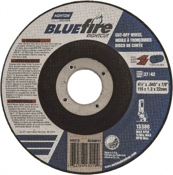 Norton - 24 Grit, 4-1/2" Wheel Diam, 1/16" Wheel Thickness, 7/8" Arbor Hole, Type 27 Depressed Center Wheel - Zirconia Alumina, R Hardness, 13,580 Max RPM, Compatible with Angle Grinder - Americas Industrial Supply