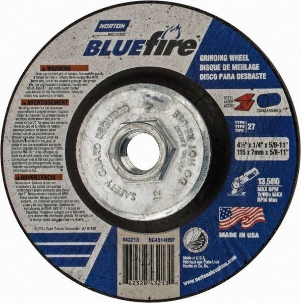 Norton - 24 Grit, 4-1/2" Wheel Diam, 1/4" Wheel Thickness, Type 27 Depressed Center Wheel - Zirconia Alumina, S Hardness, 13,580 Max RPM, Compatible with Angle Grinder - Americas Industrial Supply