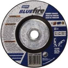 Norton - 24 Grit, 4-1/2" Wheel Diam, 1/4" Wheel Thickness, Type 27 Depressed Center Wheel - Zirconia Alumina/Silicon Carbide Blend, T Hardness, 13,580 Max RPM, Compatible with Angle Grinder - Americas Industrial Supply