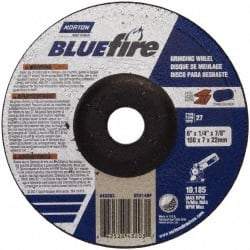 Norton - 24 Grit, 6" Wheel Diam, 1/4" Wheel Thickness, 7/8" Arbor Hole, Type 27 Depressed Center Wheel - Zirconia Alumina, S Hardness, 10,185 Max RPM, Compatible with Angle Grinder - Americas Industrial Supply