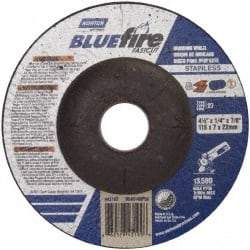 Norton - 24 Grit, 4-1/2" Wheel Diam, 1/4" Wheel Thickness, 7/8" Arbor Hole, Type 27 Depressed Center Wheel - Zirconia Alumina, S Hardness, 13,580 Max RPM, Compatible with Angle Grinder - Americas Industrial Supply