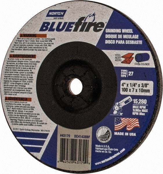 Norton - 24 Grit, 4" Wheel Diam, 1/4" Wheel Thickness, 3/8" Arbor Hole, Type 27 Depressed Center Wheel - Zirconia Alumina, S Hardness, 15,280 Max RPM, Compatible with Angle Grinder - Americas Industrial Supply