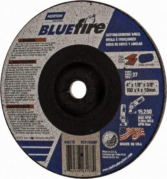 Norton - 30 Grit, 4" Wheel Diam, 1/8" Wheel Thickness, 3/8" Arbor Hole, Type 27 Depressed Center Wheel - Zirconia Alumina, U Hardness, 15,280 Max RPM, Compatible with Angle Grinder - Americas Industrial Supply