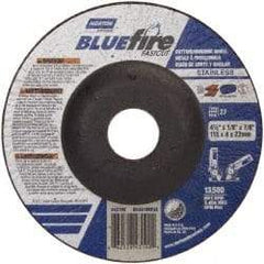 Norton - 30 Grit, 4-1/2" Wheel Diam, 1/8" Wheel Thickness, 7/8" Arbor Hole, Type 27 Depressed Center Wheel - Zirconia Alumina, T Hardness, 13,580 Max RPM, Compatible with Angle Grinder - Americas Industrial Supply