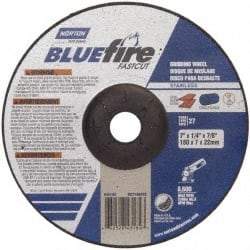 Norton - 24 Grit, 7" Wheel Diam, 1/4" Wheel Thickness, 7/8" Arbor Hole, Type 27 Depressed Center Wheel - Zirconia Alumina, S Hardness, 8,600 Max RPM, Compatible with Angle Grinder - Americas Industrial Supply