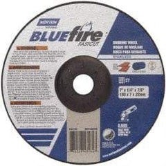 Norton - 24 Grit, 7" Wheel Diam, 1/4" Wheel Thickness, 7/8" Arbor Hole, Type 27 Depressed Center Wheel - Zirconia Alumina, S Hardness, 8,600 Max RPM, Compatible with Angle Grinder - Americas Industrial Supply