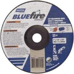 Norton - 30 Grit, 7" Wheel Diam, 1/8" Wheel Thickness, 7/8" Arbor Hole, Type 27 Depressed Center Wheel - Zirconia Alumina, T Hardness, 8,600 Max RPM, Compatible with Angle Grinder - Americas Industrial Supply