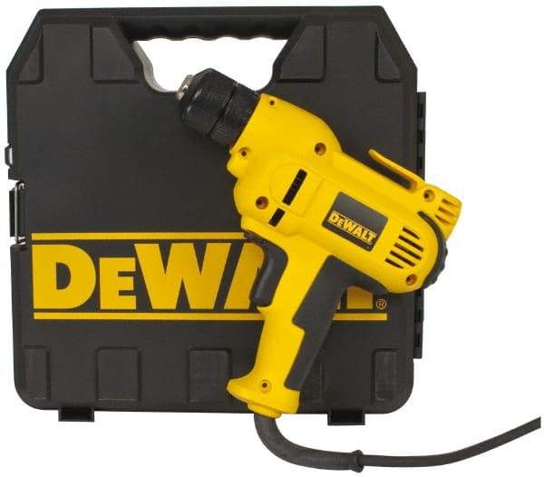 DeWALT - 3/8" Keyless Chuck, 2,500 RPM, Pistol Grip Handle Electric Drill - 8 Amps, Reversible, Includes Kit Box - Americas Industrial Supply