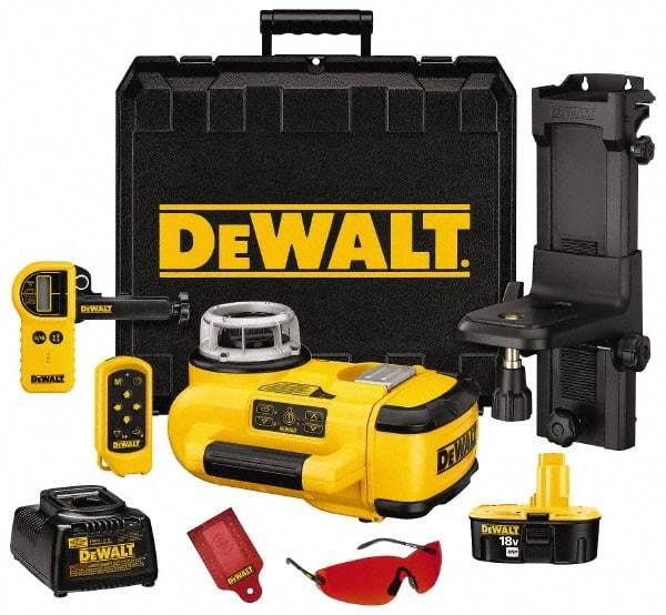 DeWALT - 200' (Interior) & 2,000' (Exterior) Measuring Range, 1/8" at 100' & 3mm at 31m Accuracy, Self-Leveling Rotary Laser with Detector - ±5° Self Leveling Range, 60, 250 & 600 RPM, 1 Beam, 18 Volt XRP Battery Included - Americas Industrial Supply