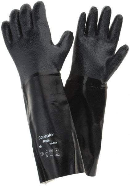 Ansell - Size XL (10), 18" Long, 83 mil Thick, Supported, Neoprene Chemical Resistant Gloves - Textured Finish, Fleece/Jersey Lined, Gauntlet Cuff, ANSI Abrasion Level 3, ANSI Cut Level 2, Black - Americas Industrial Supply