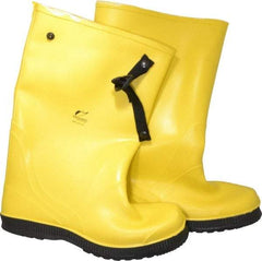 Dunlop Protective Footwear - Men's 14 (Women's 16) Rain & Cold Resistant Overboots - 17" High, Plain Toe, Self Cleaning & Cleated Sole, PVC Upper, Yellow, Adjustable Polyester Strap, Buckles & Snaps - Americas Industrial Supply