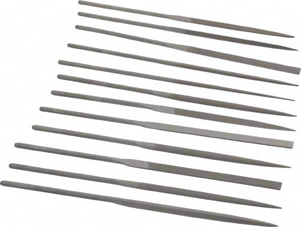 Grobet - 12 Piece Swiss Pattern File Set - 5-1/2" Long, 0 Coarseness, Set Includes Barrette, Crossing, Equalling, Half Round, Knife, Marking, Round, Round Edge Joint, Slitting, Square, Three Square, Warding - Americas Industrial Supply