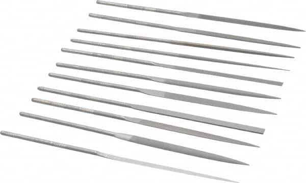 Grobet - 12 Piece Swiss Pattern File Set - 6-1/4" Long, 2 Coarseness, Set Includes Barrette, Crossing, Equalling, Half Round, Knife, Marking, Round, Round Edge Joint, Slitting, Square, Three Square, Warding - Americas Industrial Supply