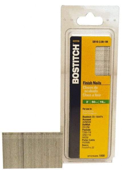 Stanley Bostitch - 16 Gauge 2" Long Finishing Nails for Power Nailers - Steel, Galvanized Finish, Straight Stick Collation, Chisel Point - Americas Industrial Supply