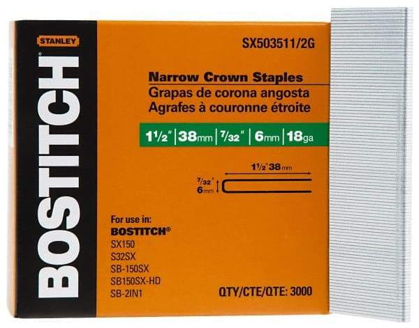 Stanley Bostitch - 1-1/2" Long x 7/32" Wide, 18 Gauge Crowned Construction Staple - Steel, Galvanized Finish - Americas Industrial Supply