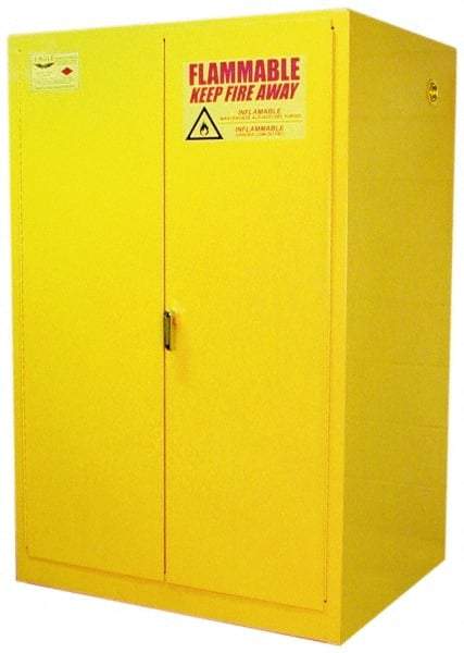 Eagle - 2 Door, 2 Shelf, Yellow Steel Standard Safety Cabinet for Flammable and Combustible Liquids - 65" High x 43" Wide x 34" Deep, Manual Closing Door, 3 Point Key Lock, 90 Gal Capacity - Americas Industrial Supply