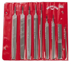 Nicholson - 9 Piece American Pattern File Set - 6", 8", 10" Long, Bastard/Smooth Coarseness, Set Includes Flat, Half Round, Mill, Round, Slim Taper - Americas Industrial Supply