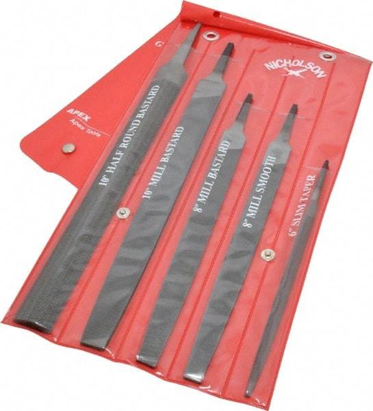 Nicholson - 5 Piece American Pattern File Set - 6", 8", 10" Long, Bastard/Smooth Coarseness, Set Includes Half Round, Mill, Slim Taper - Americas Industrial Supply